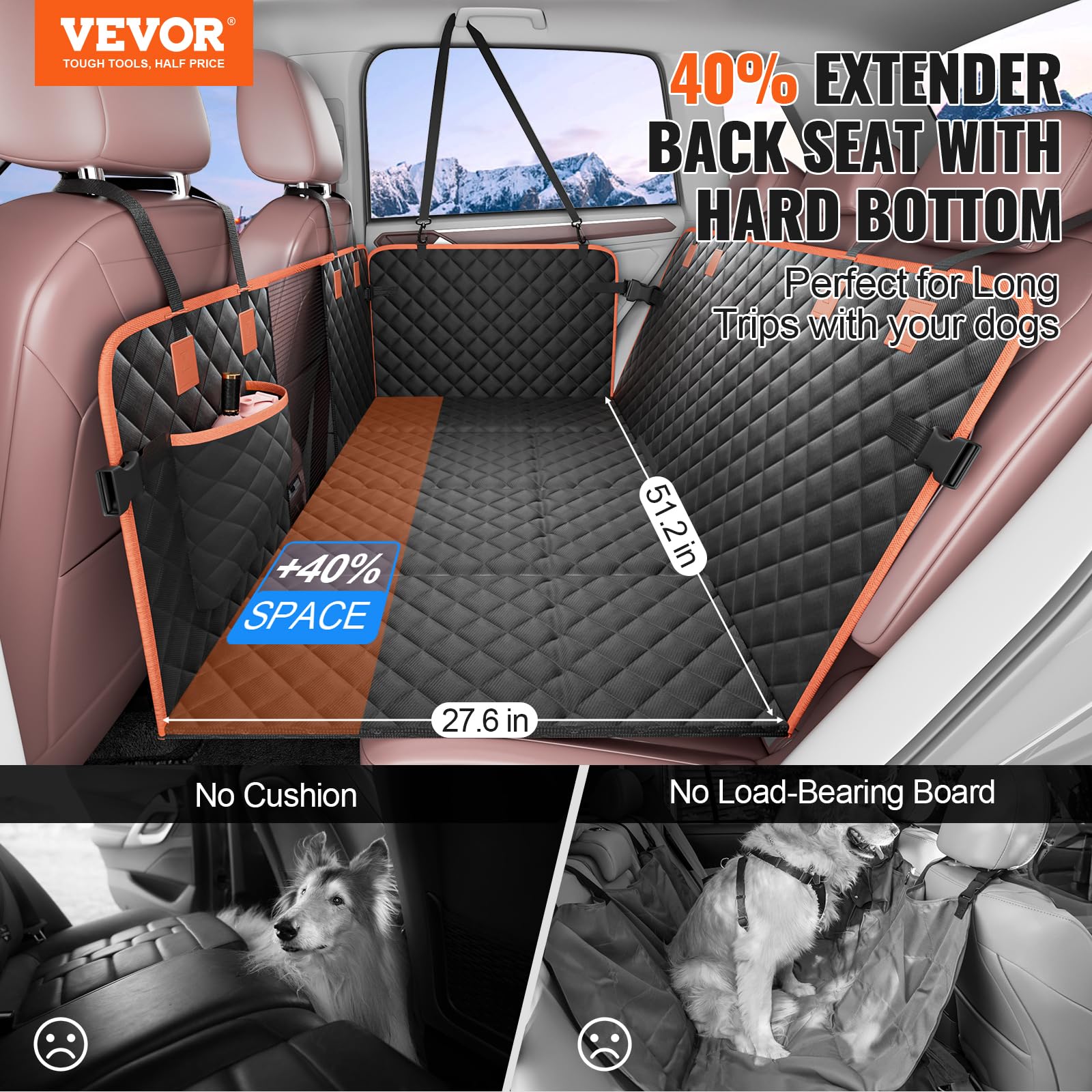 VEVOR Back Seat Extender for Dogs, Hard Bottom Car Seat Cover for Dogs Supports 350lbs,Dog Seat Cover for Back Seat Hard Bottom,